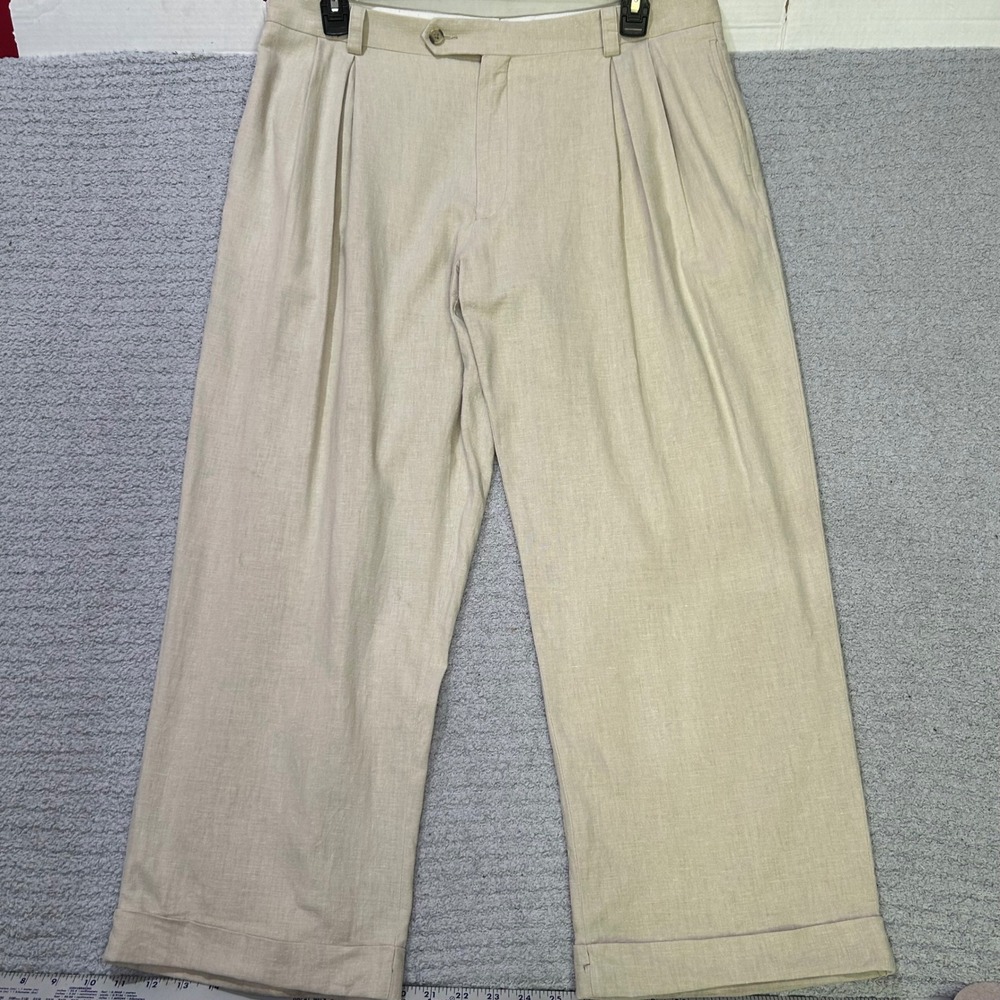 Sean John Trousers Pleated 38x30 Tan Vintage 90s Linen Blend Wide Leg Y2K Hip